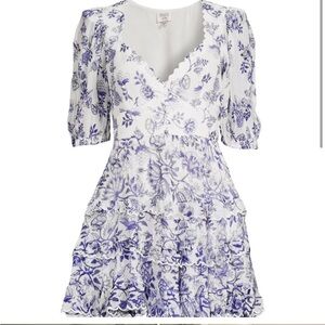 Hemant & Nandita Floral Scallop V-Neck Tiered Mini Dress - White & Lavender